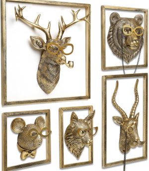Animal Heads Wall Decor (5pcs, Includes Metal Frame) Resin Animals Sculptures Head Wall Hanging Decoration Gold vintage Wall Sculpture for Living Room Bedroom Office