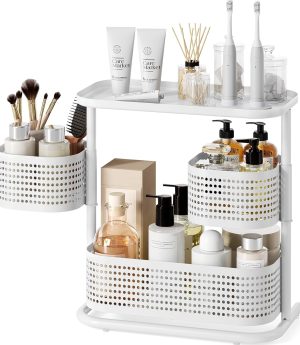 KINGRACK 3-Tier Rotating Bathroom Organizer, Countertop Vanity Tray, Spice Rack Storage, Easy to Assembly Space-Saving Organizer for Bathroom, Kitchen, Laundry Room, White