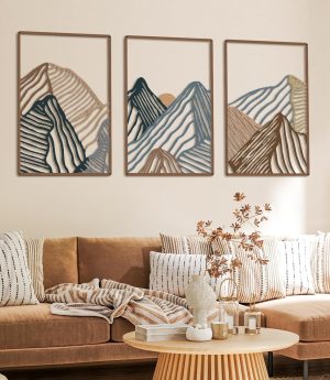 3 Pcs Mountain Metal Wall Art Mountain Line Wall Decor Abstract Minimalist Rustic Nature Decor for Home Bathroom Living Room(Vibrant Colors)