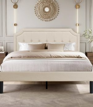 VECELO Queen Upholstered Platform Bed Frame with Adjustable Button Stitched Panel Headboard,Strong Wood Slat Support,Velcro Design,Mattress Foundation/Easy Assembly,Beige