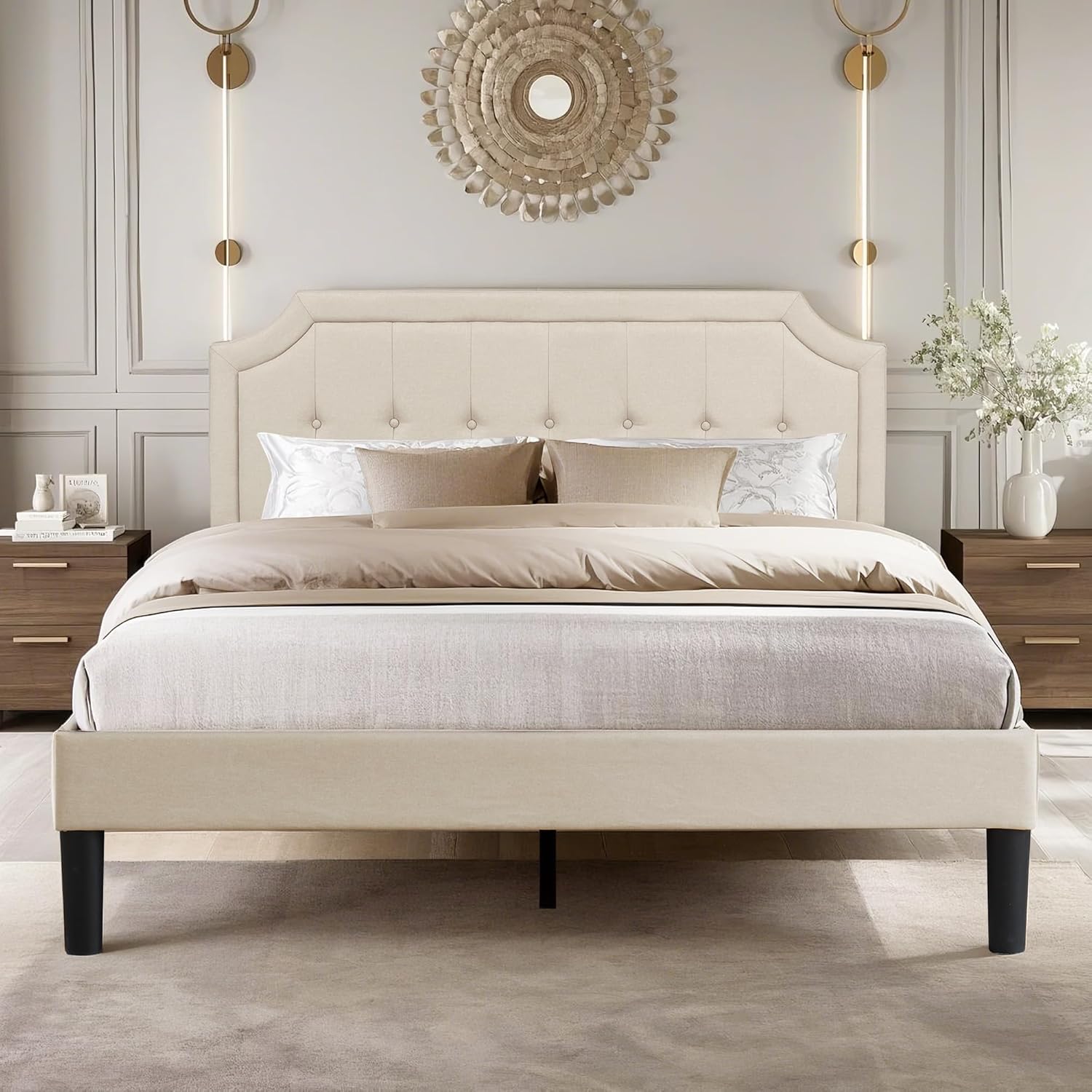 VECELO Queen Upholstered Platform Bed Frame with Adjustable Button Stitched Panel Headboard,Strong Wood Slat Support,Velcro Design,Mattress Foundation/Easy Assembly,Beige