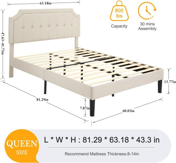 VECELO Queen Upholstered Platform Bed Frame with Adjustable Button Stitched Panel Headboard,Strong Wood Slat Support,Velcro Design,Mattress Foundation/Easy Assembly,Beige - Image 2