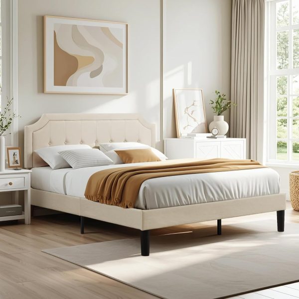 VECELO Queen Upholstered Platform Bed Frame with Adjustable Button Stitched Panel Headboard,Strong Wood Slat Support,Velcro Design,Mattress Foundation/Easy Assembly,Beige - Image 3