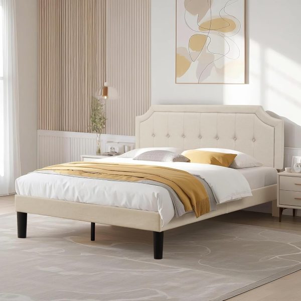VECELO Queen Upholstered Platform Bed Frame with Adjustable Button Stitched Panel Headboard,Strong Wood Slat Support,Velcro Design,Mattress Foundation/Easy Assembly,Beige - Image 4