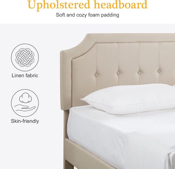 VECELO Queen Upholstered Platform Bed Frame with Adjustable Button Stitched Panel Headboard,Strong Wood Slat Support,Velcro Design,Mattress Foundation/Easy Assembly,Beige - Image 5