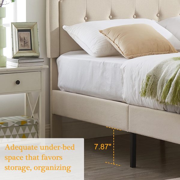 VECELO Queen Upholstered Platform Bed Frame with Adjustable Button Stitched Panel Headboard,Strong Wood Slat Support,Velcro Design,Mattress Foundation/Easy Assembly,Beige - Image 7