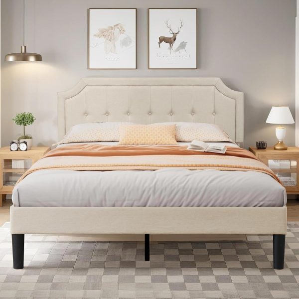 VECELO Queen Upholstered Platform Bed Frame with Adjustable Button Stitched Panel Headboard,Strong Wood Slat Support,Velcro Design,Mattress Foundation/Easy Assembly,Beige - Image 8