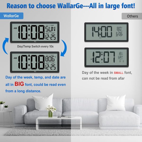 WallarGe 14.5'' Large Digital Wall Clock Battery Operated with Jumbo Numbers, Temperature and Date - Easy to Read and Set, Auto DST - Image 2