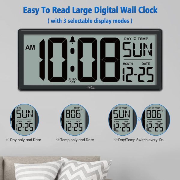 WallarGe 14.5'' Large Digital Wall Clock Battery Operated with Jumbo Numbers, Temperature and Date - Easy to Read and Set, Auto DST - Image 3
