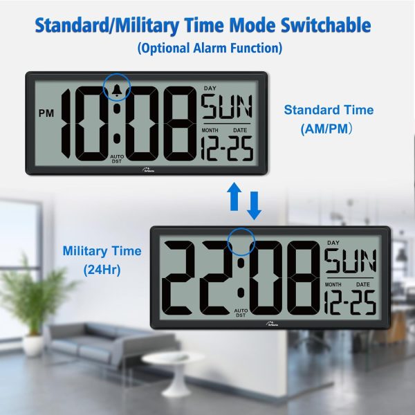 WallarGe 14.5'' Large Digital Wall Clock Battery Operated with Jumbo Numbers, Temperature and Date - Easy to Read and Set, Auto DST - Image 5