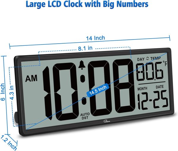 WallarGe 14.5'' Large Digital Wall Clock Battery Operated with Jumbo Numbers, Temperature and Date - Easy to Read and Set, Auto DST - Image 6